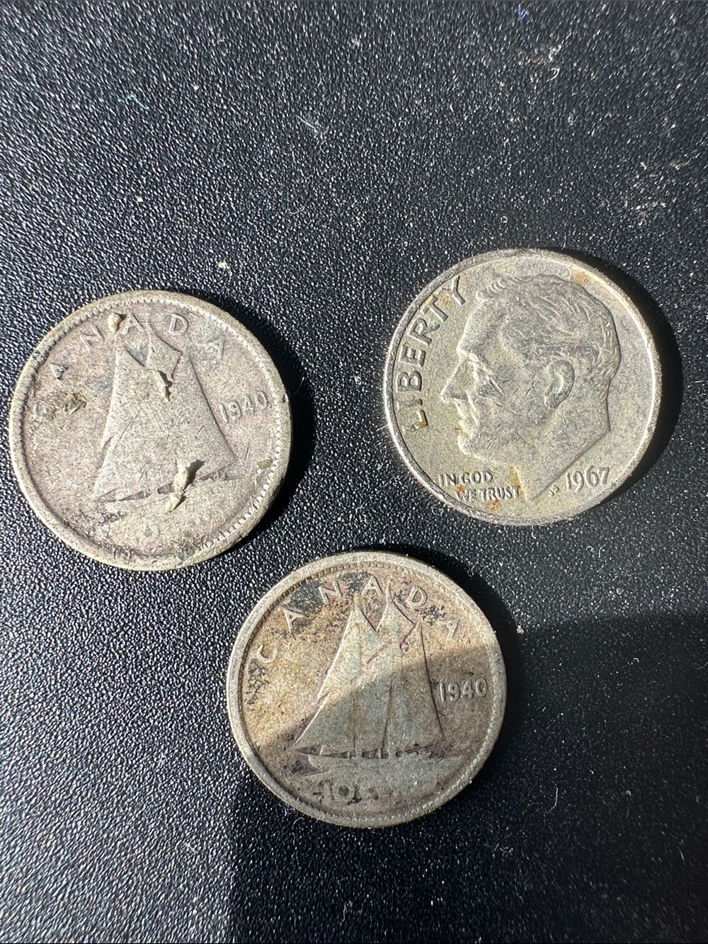Lot of 3 Silver Dimes - 2x 1940 Canadian Dimes & 1 American 1967 Dime For Sale!!
